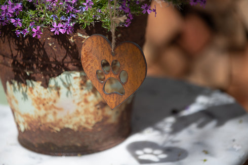 Paw Print Heart - Rustic Rusted Garden Sign